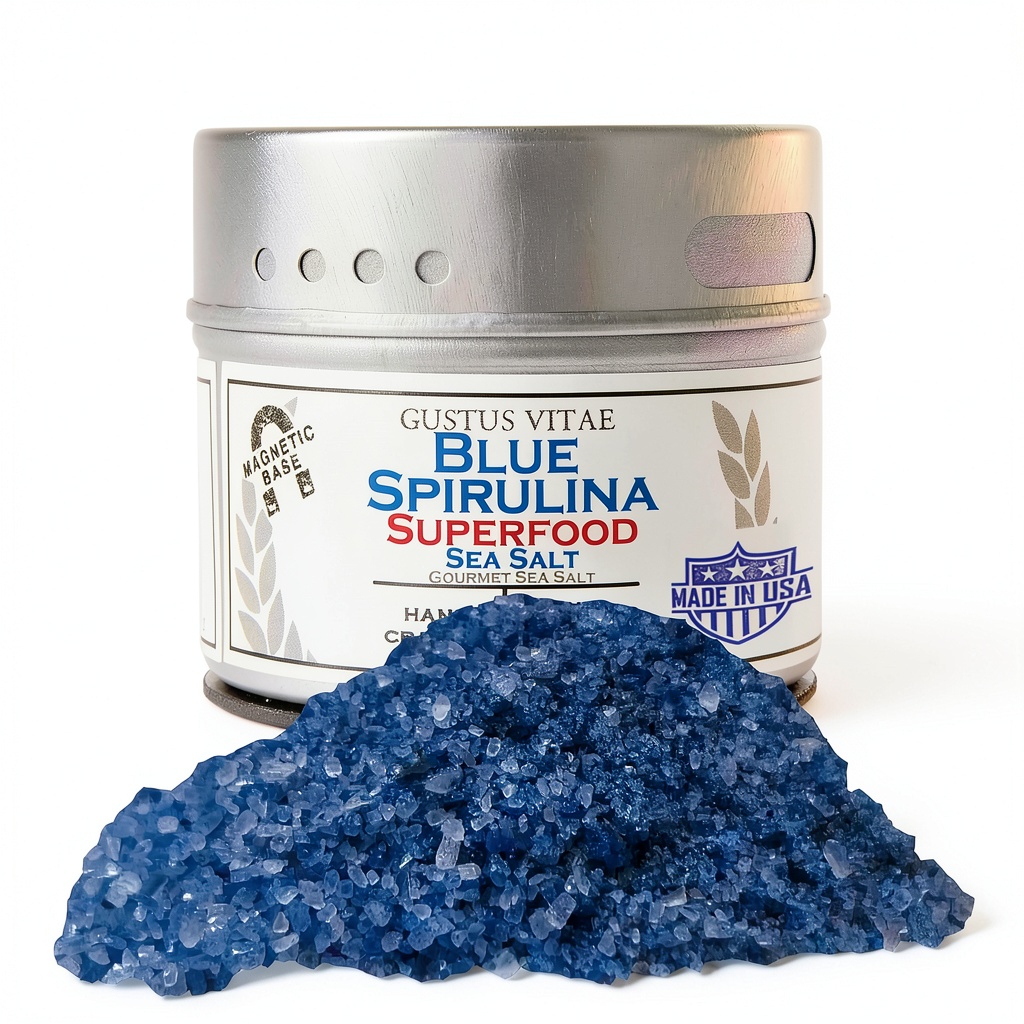 Gustus Vitae Spicy Smoked Sea Salt jar on a kitchen counter