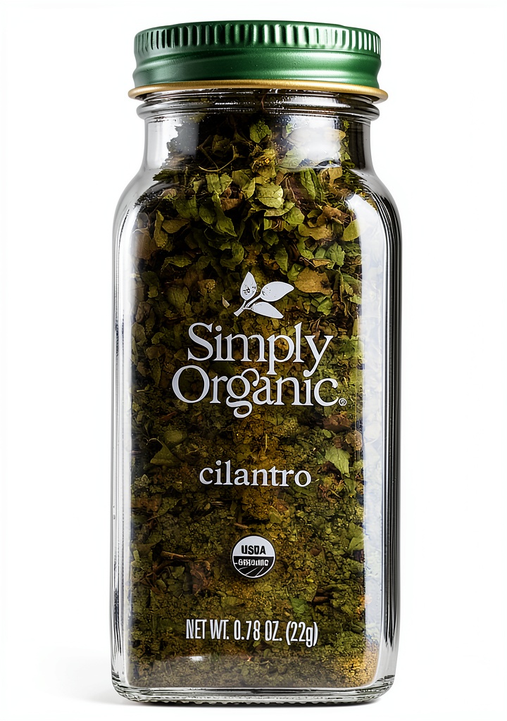 Organic dried cilantro flakes in a glass jar with fresh ingredients